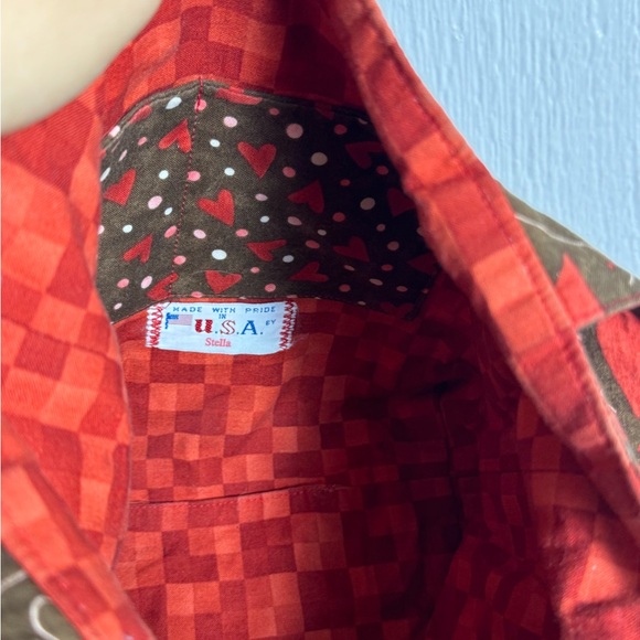 Handmade Hippie Heart Purse Long Strap Crossbody Patchwork Red Brown 8x9 inches - Picture 4 of 5